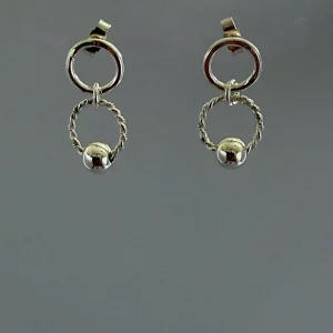 Stud dangle earrings with 2 circles and a silver ball